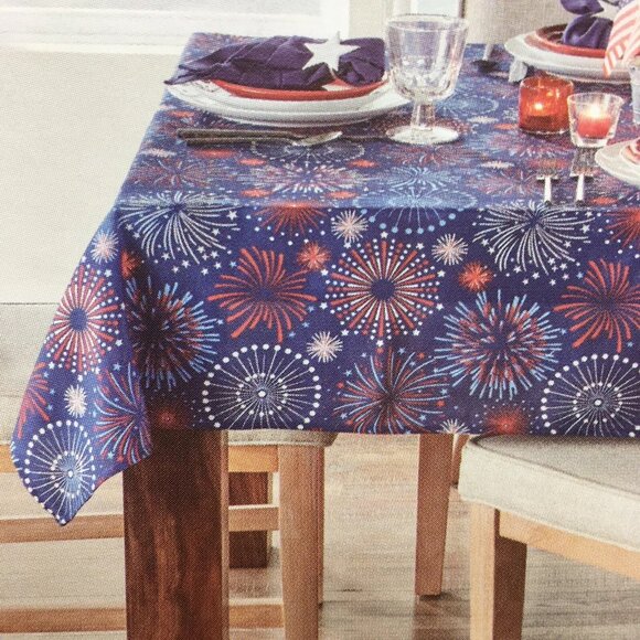 Williamstown 4th of July Fireworks Tablecloth 60x84 Easy Care Blue Red White - Picture 2 of 9